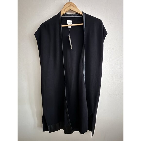 Chicos Leather Trim open front knit Soft Sweater Vest Black Large Long NEW - Picture 1 of 13